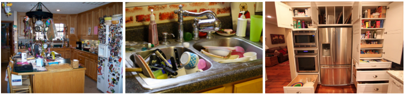 Figure 3: Cluttered scenes a) a cluttered kitchen scene b) a sink scene c) a kitchen scene with objects that have doors and parts with functions (fridge, cabinets and oven) - credits google image search.